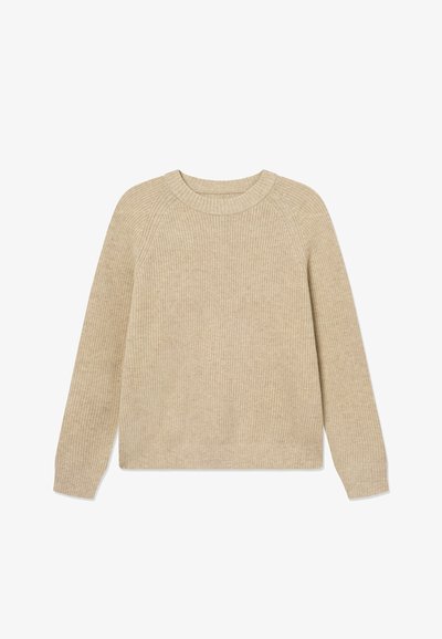 Beige geripptes Strickpullover mit rundem Halsausschnitt und Raglanärmeln. Weiche Textur und lässige Passform, mit geradem Saum.