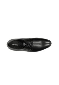 Scarpa in pelle nera con punta arrotondata, design con lacci, texture liscia e soletta imbottita. Presenta un logo discreto sulla soletta.