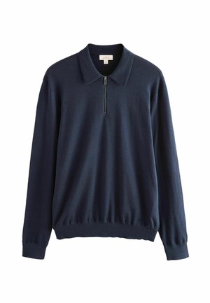 Pulover albastru marin cu mânecă lungă și guler cu fermoar, realizat dintr-un material moale; prezintă manșete și tiv cu textură ribbed.
