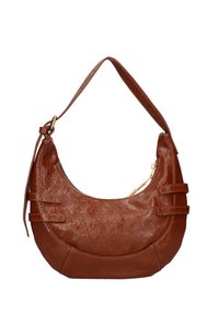 Borsa a tracolla in pelle marrone con forma curva, dotata di chiusura a zip superiore, una sola tracolla e due dettagli orizzontali in pelle. Texture liscia.