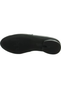 Sole nera di scarpa con gomma testurizzata, caratterizzata da scanalature orizzontali e verticali per la trazione. Forma arrotondata con un leggero dettaglio del logo.