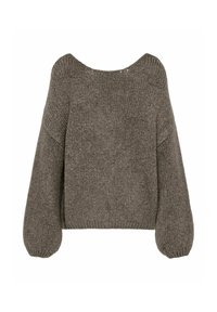 Pull en grosse maille gris foncé avec de longues manches ballon et un large col rond.