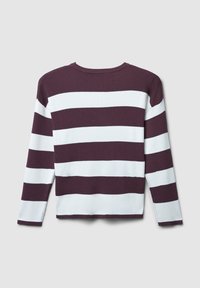 Langärmeliger Strickpulli mit breiten horizontalen Streifen in Dunkelviolett und Weiß, von hinten gegen einen hellgrauen Hintergrund gezeigt.