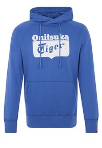 Sudadera con capucha azul con un bolsillo tipo canguro en el frente. Presenta un gran texto gráfico en blanco "Onitsuka Tiger" en tipografía bold.