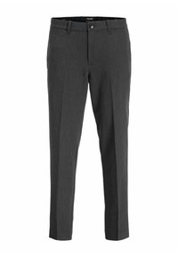Pantalones gris oscuro con un corte ajustado, que cuentan con un cierre de botón y bolsillos. La tela tiene una textura sutil y un acabado suave.