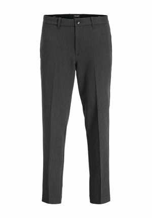 Dark gray trousers with a tailored fit, featuring a button closure and pockets. Fabric has a subtle texture and a smooth finish.