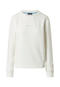 Felpa leggera bianca con colletto arrotondato, polsini e orlo a costine. Presenta un discreto logo "NORTH SAILS" in rosa dorato.