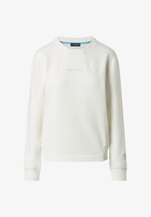 Felpa leggera bianca con colletto arrotondato, polsini e orlo a costine. Presenta un discreto logo "NORTH SAILS" in rosa dorato.