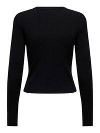 Pull noir en maille côtelée à manches longues avec une taille cintrée et un col rond, vu de dos sur fond blanc.