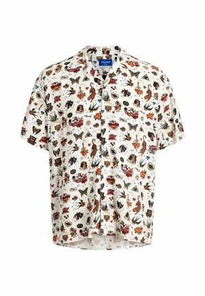 Fehér, rövid ujjú, gombos ing, színes tetoválás stílusú mintával, amely rózsákat, tigrist, fecskéket, szíveket, pillangókat és koponyákat tartalmaz.