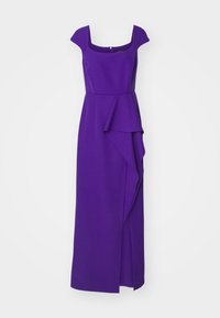 Langes lila Kleid mit kurzen Ärmeln, einem quadratischen Ausschnitt und einer drapierten Rüsche in der Taille, aus glattem Stoff.