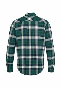 Grön, marinblå och vit rutor skjorta med lång ärm och knappade manschetter, visad bakifrån mot en vit bakgrund.