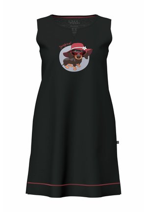 Czarna sukienka bez rękawów z czerwonym wykończeniem i grafiką jamnika w czerwonym kapeluszu, okularach przeciwsłonecznych oraz z napisem „Bonjour!” nad nią.