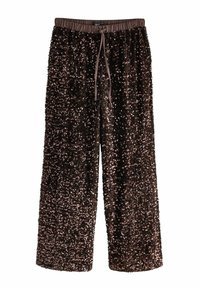 Pantalones anchos marrones con cintura elástica y cordón, cubiertos de lentejuelas para un acabado texturizado.