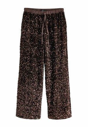 Pantalones anchos marrones con cintura elástica y cordón, cubiertos de lentejuelas para un acabado texturizado.