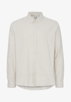 Valge ja beeži triibuline nööbiga särk pika varrukaga ja terava kraega, millel on ümar äär ja peen tekstuur.