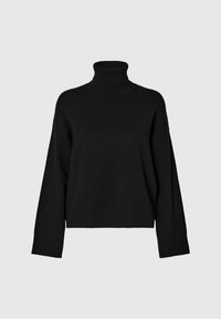 Zwarte coltrui met een losse pasvorm, brede mouwen, geribde kraag en een gestructureerde afwerking. Eenvoudig, modern ontwerp, geschikt om in laagjes te dragen.