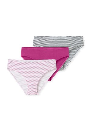 Three women's cotton briefs in white with pink polka dots, solid magenta, and white with black horizontal stripes stacked on white background.