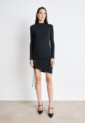 Black long-sleeve dress with a high neckline, ruched detailing on one side, adjustable drawstring, and a fitted silhouette.