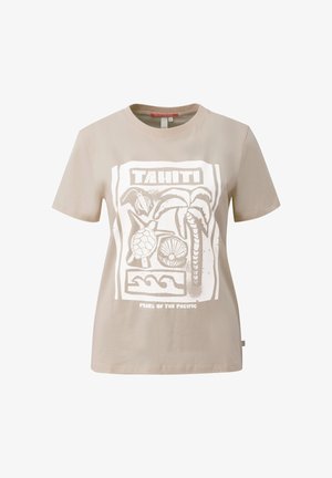 Beige T-shirt with white graphic showing a turtle, palm tree, shell, waves, and text "TAHITI" and "PEARL OF THE PACIFIC".