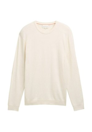 Krämfärgad långärmad tröja med rund halsringning och ruggade ärmslut och nederkant, visad mot en vit bakgrund.