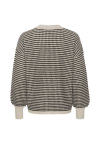 Strickpullover mit einem strukturierten Muster in Schwarz und Creme. Verfügt über einen runden Ausschnitt und ballonärmel mit gerippten Bündchen und Saum.