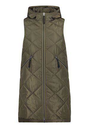 Quiltet olivengrøn ærmeløs hættevest med frontlynlås og to skrå lynlåslommer.
