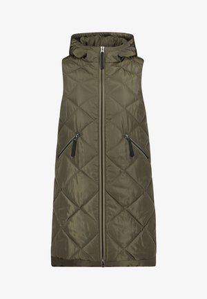 Veste matelassée sans manches vert olive avec capuche, fermeture éclair à l'avant et deux poches zippées en biais.