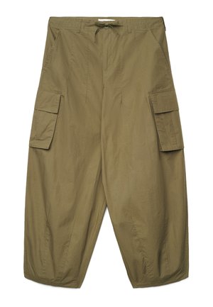 Pantaloni cargo verde oliva a vestibilità ampia con vita con coulisse e grandi tasche con pattina su entrambi i lati.