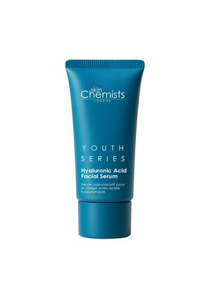 Niebieska tubka Skin Chemists London Youth Series Hyaluronic Acid Facial Serum z białym tekstem na białym tle.
