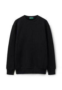 Černá mikina s kulatým výstřihem a dlouhými rukávy, s žebrovanými manžetami a lemem, umístěná na bílém pozadí.