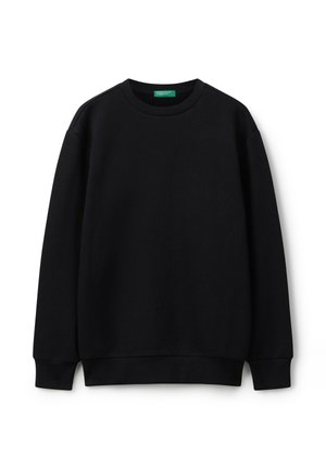 Felpa nera a girocollo con maniche lunghe e polsini e orlo a coste, esposta su uno sfondo bianco.