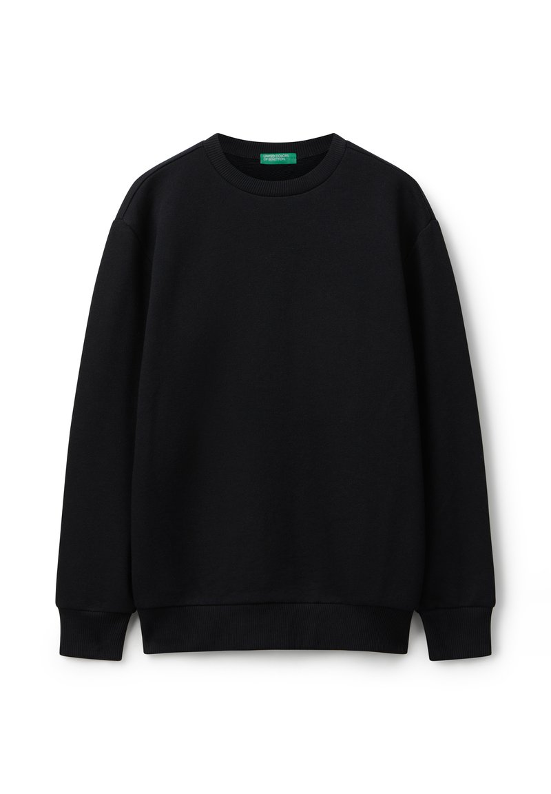 Černá mikina s kulatým výstřihem a dlouhými rukávy, s žebrovanými manžetami a lemem, umístěná na bílém pozadí.