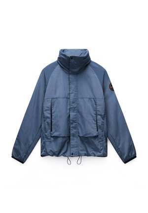 Lightweight blue jacket featuring a high collar, two large front pockets, elastic cuffs, and adjustable drawstring hem. Made from smooth fabric.