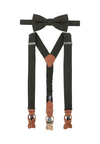 Dunkelgraue Stofflatzchen mit einer passenden Fliege, ausgestattet mit braunen Lederelementen und Metallclips zur Befestigung. Texturiertes, elastisches Design.