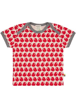 Rood shirt met korte mouwen met een vogelpatroon op een crèmekleurige achtergrond, grijze afwerking bij de halslijn en mouwen, zachte katoenen stof.