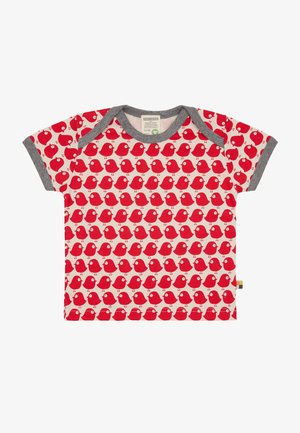 Camicetta rossa a maniche corte con un motivo di uccelli su uno sfondo crema, rifiniture grigie all'collo e alle maniche, in morbido cotone.