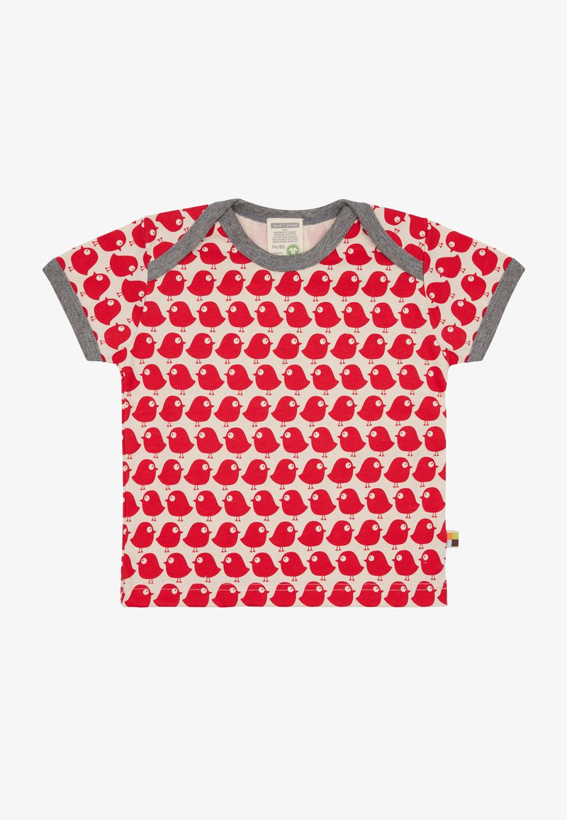 Rotes Kurzarmhemd mit einem Vogel-Muster auf einem cremefarbenen Hintergrund, grauer Besatz am Kragen und an den Ärmeln, weiches Baumwollmaterial.