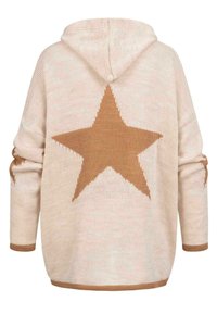 Sweat à capuche en maille couleur crème avec une grande étoile marron dans le dos et de plus petites étoiles sur les manches, avec des poignets et un bas côtelés.