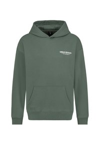 Grüner Baumwollhoodie mit einer Vordertasche, auf der "URBAN EDITION" in Weiß auf der Brust gedruckt ist, sowie gerippten Bündchen und Saum.