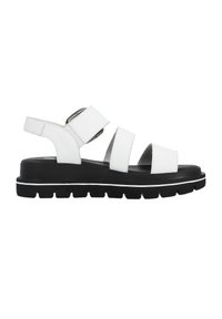 White sandal featuring three adjustable straps, a cushioned footbed, and a black platform sole with a textured grip.