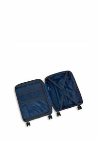 Valigia blu navy con due sezioni, numerose tasche con zip e due robuste ruote. Presenta un rivestimento interno a motivo diamante.