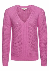 Maglione rosa lavorato a maglia con scollo a V, texture a trama aperta e maniche lunghe. Accenti a costine distintivi lungo il colletto e l'orlo.