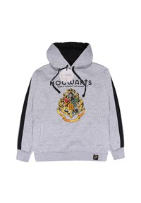 Felpa grigia con accenti neri, caratterizzata da un grande stemma colorato di Hogwarts e testo. Include una tasca a marsupio e cappuccio con cordino.