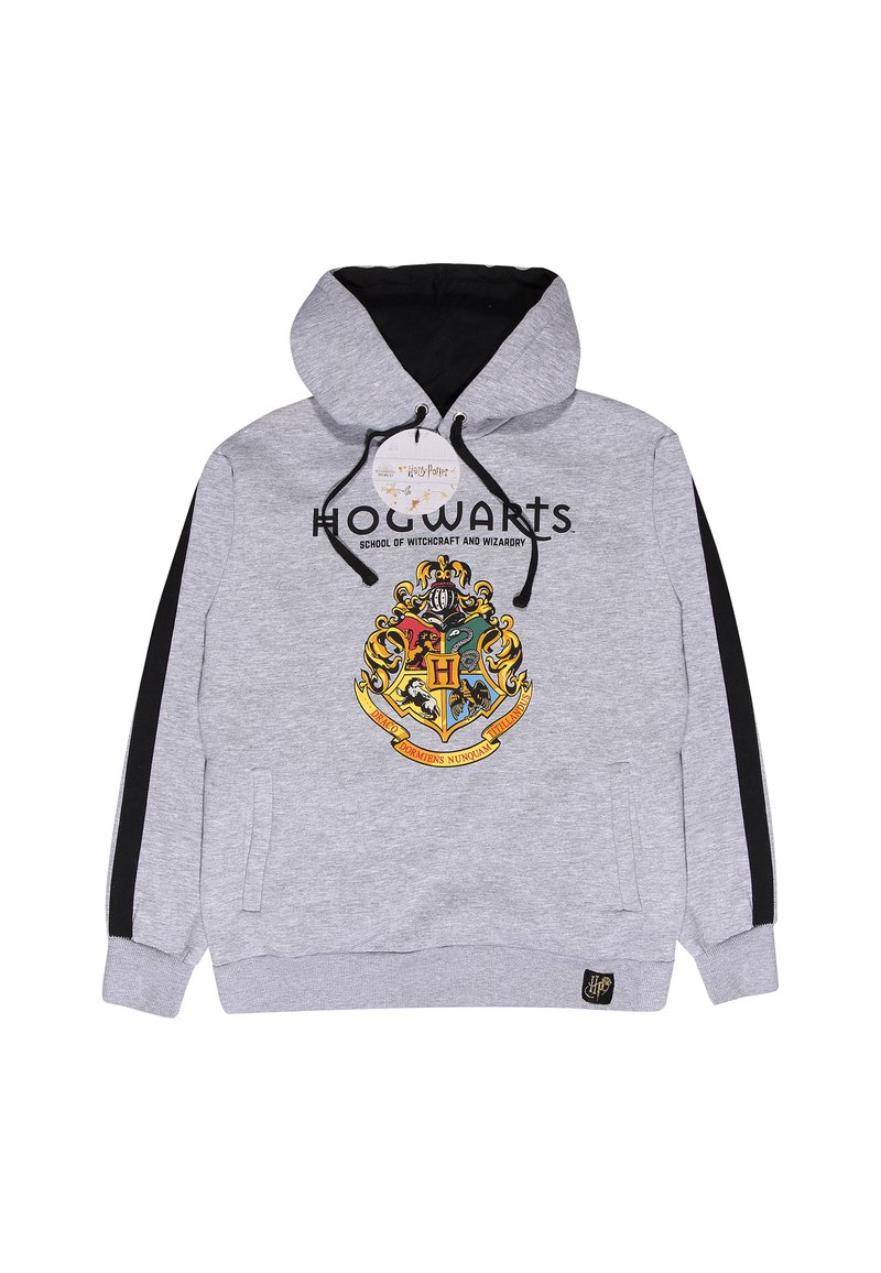 Felpa grigia con accenti neri, caratterizzata da un grande stemma colorato di Hogwarts e testo. Include una tasca a marsupio e cappuccio con cordino.