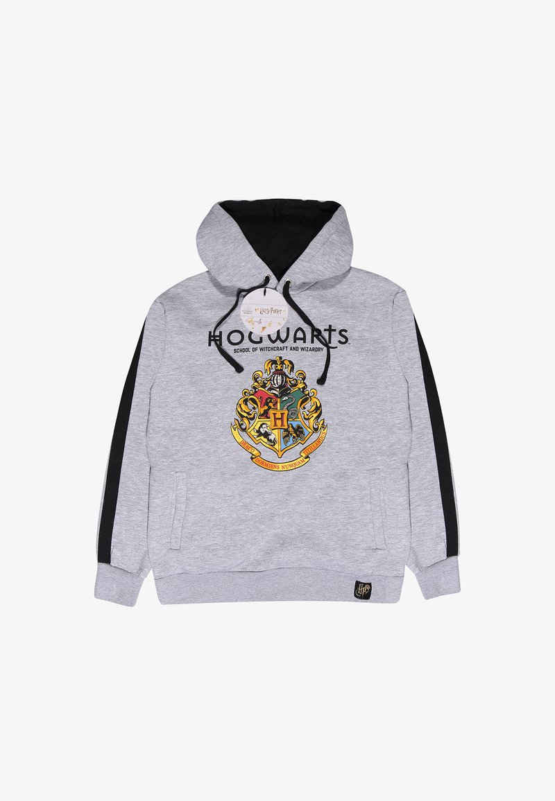 Felpa grigia con accenti neri, caratterizzata da un grande stemma colorato di Hogwarts e testo. Include una tasca a marsupio e cappuccio con cordino.