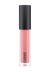 Gjennomsiktig tube med leppeglans i en myk rosa nyanse, med en svart hette og "MAC LIPGLASS" trykt på siden. Glatt, skinnende tekstur.