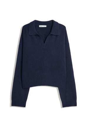 Granatowy sweter z dzianiny z długim rękawem, kołnierzykiem i dekoltem w serek, z prążkowanymi mankietami i dołem oraz luźnym krojem.