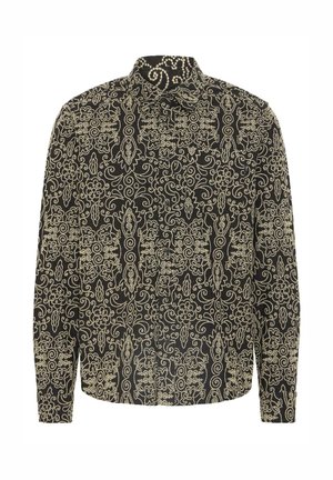 Camisa negra de botones con intrincados patrones de flores beiges y paisleys, con cuello puntiagudo y mangas largas. Tejido texturizado.