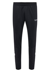 Zwarte sportbroek gemaakt van zachte, vochtregulerende stof, met een elastische tailleband en een logo dat aan de zijkant is gedrukt. Gestroomlijnd ontwerp.